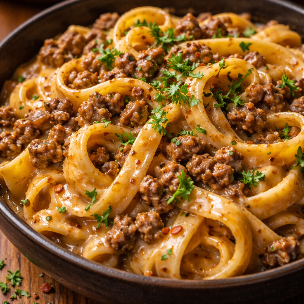 Pâtes crémeuses au bœuf