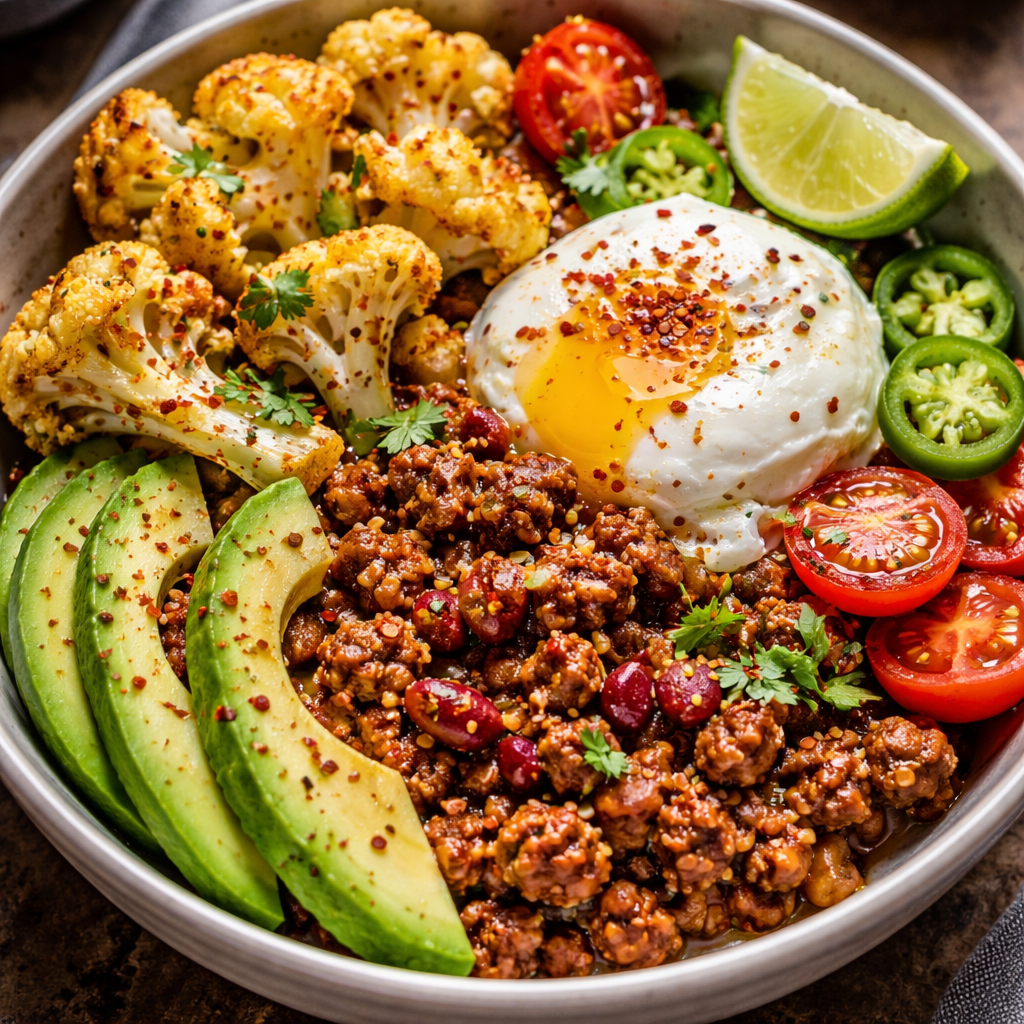 Bowls of ground beef with chili and protein cauliflower