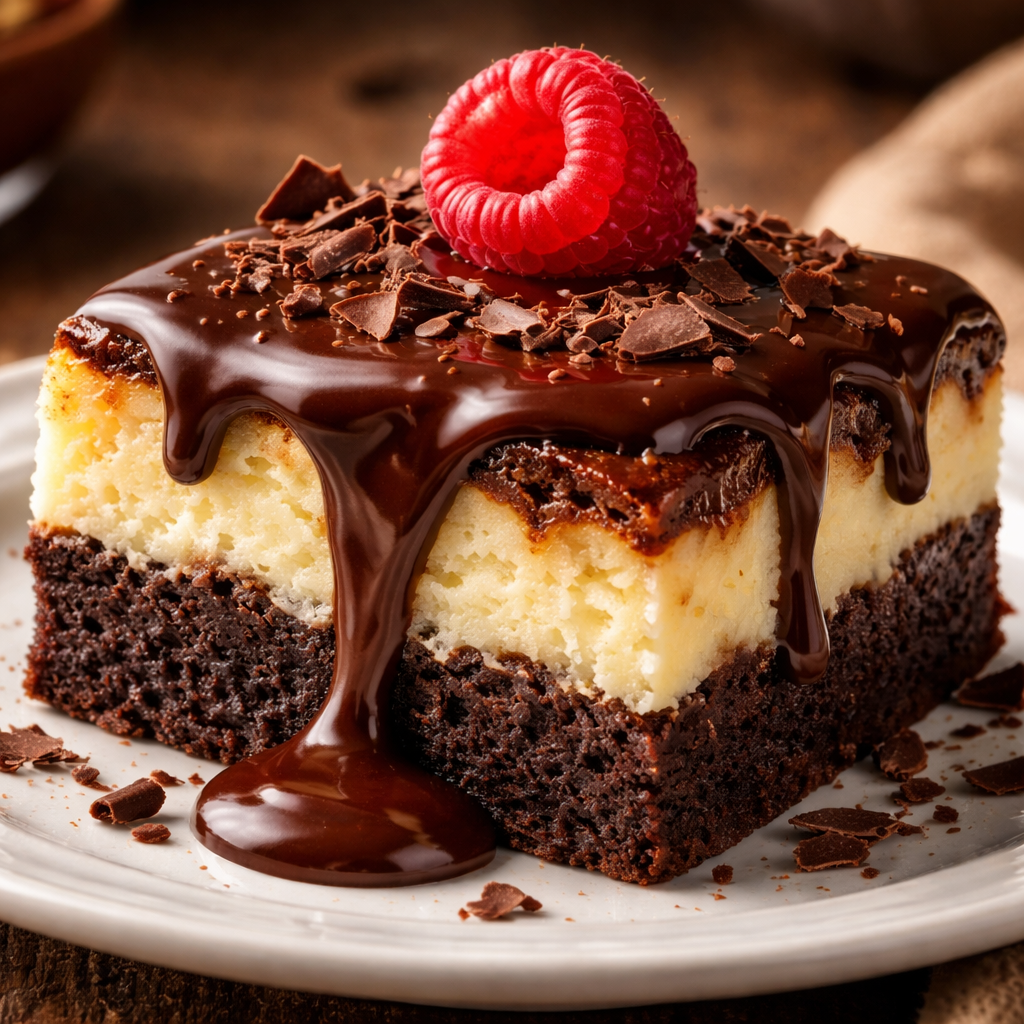 Brownie au fromage crémeux avec sauce fudge chaude