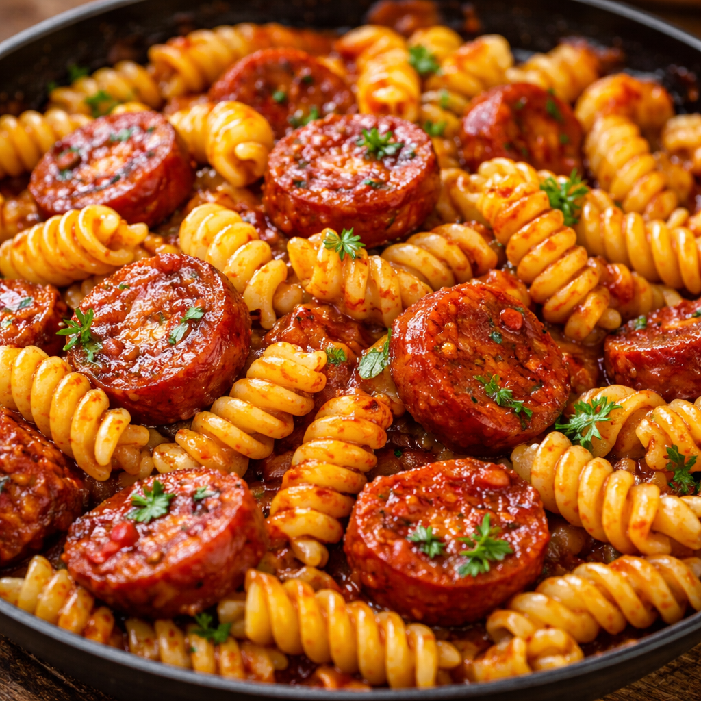 Pâtes saucisse BBQ épicées en une poêle