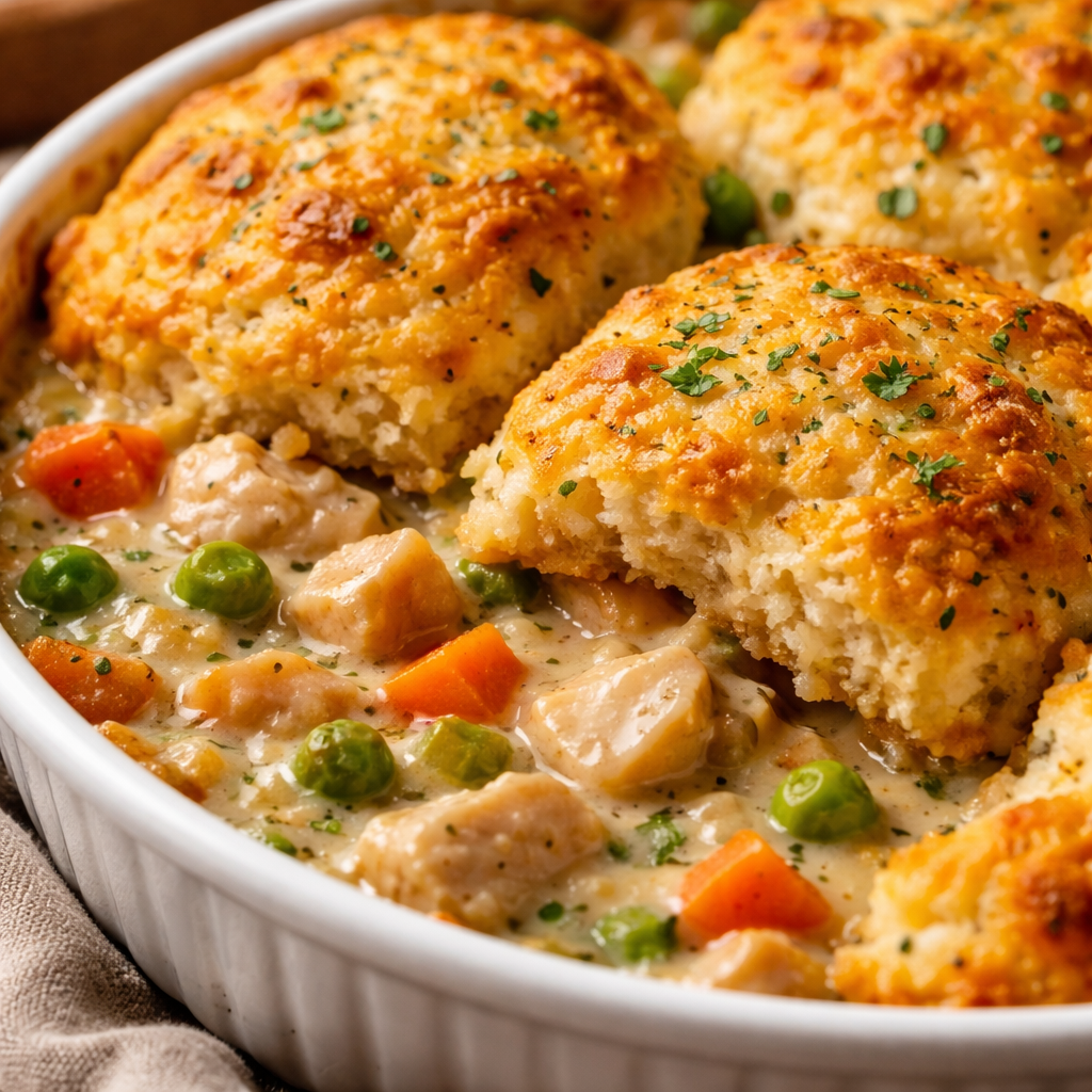 Pot Pie au Poulet et Biscuits au Cheddar