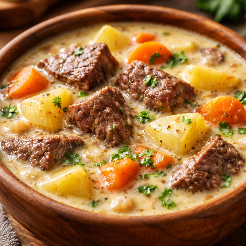 Creamy Soup with Steak and Potatoes
