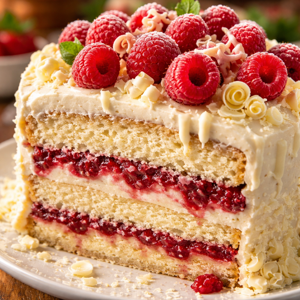 Gâteau au chocolat blanc et framboise