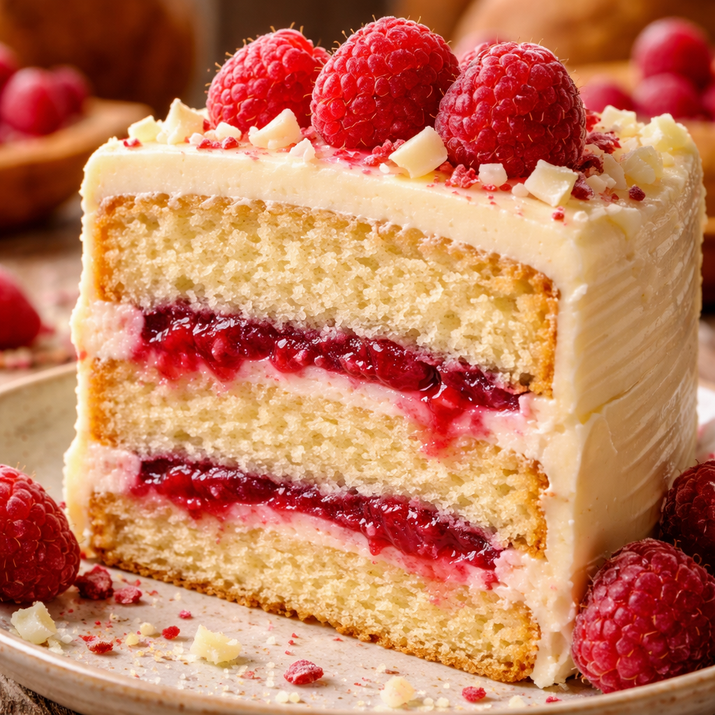Gâteau au chocolat blanc et framboise