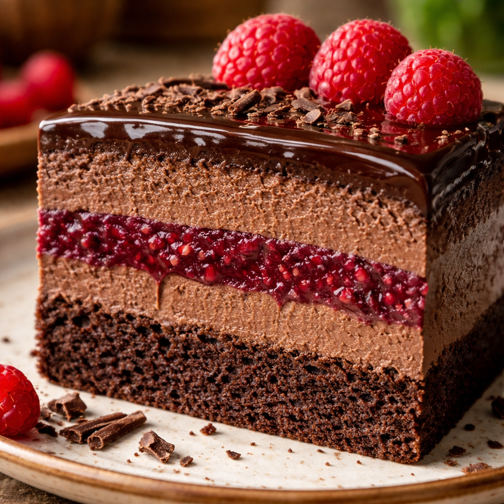 Gâteau mousse chocolat noir framboise