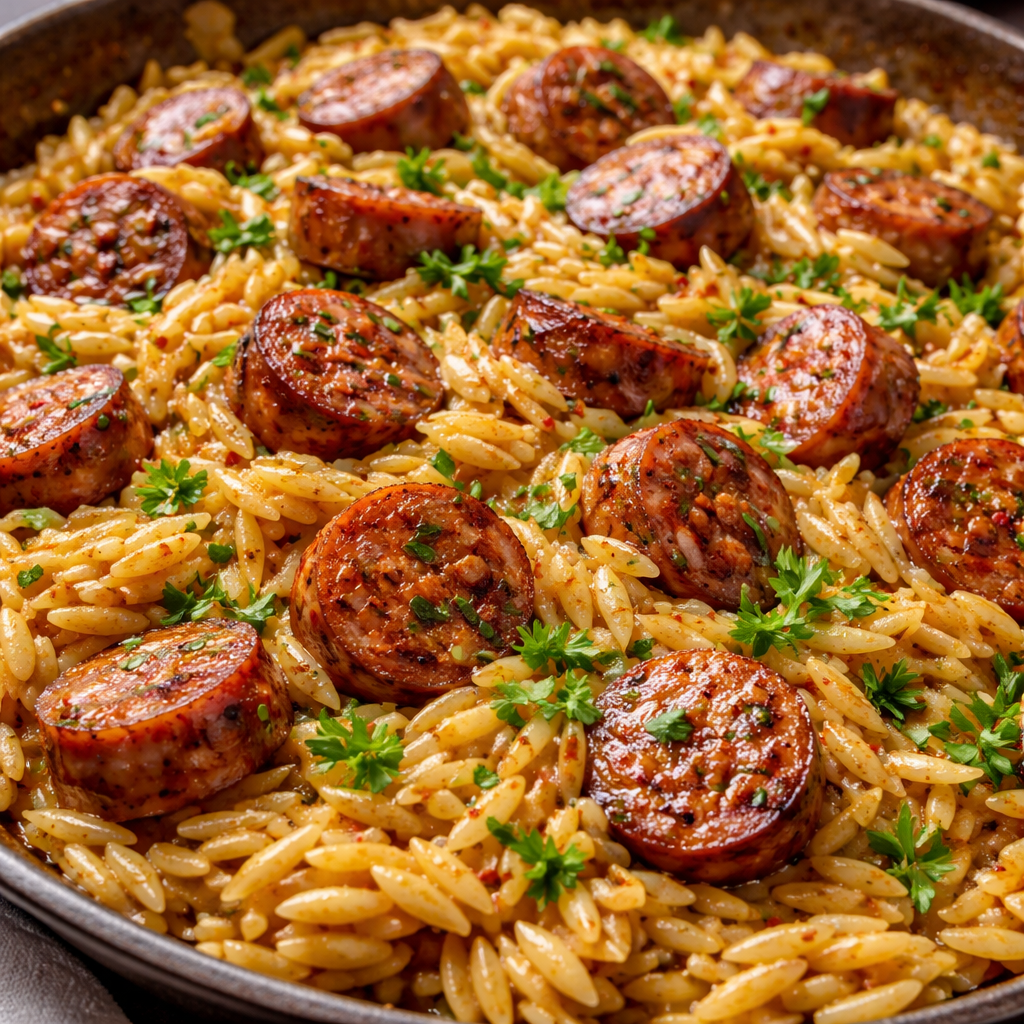 Orzo with Sausages and Garlic Butter