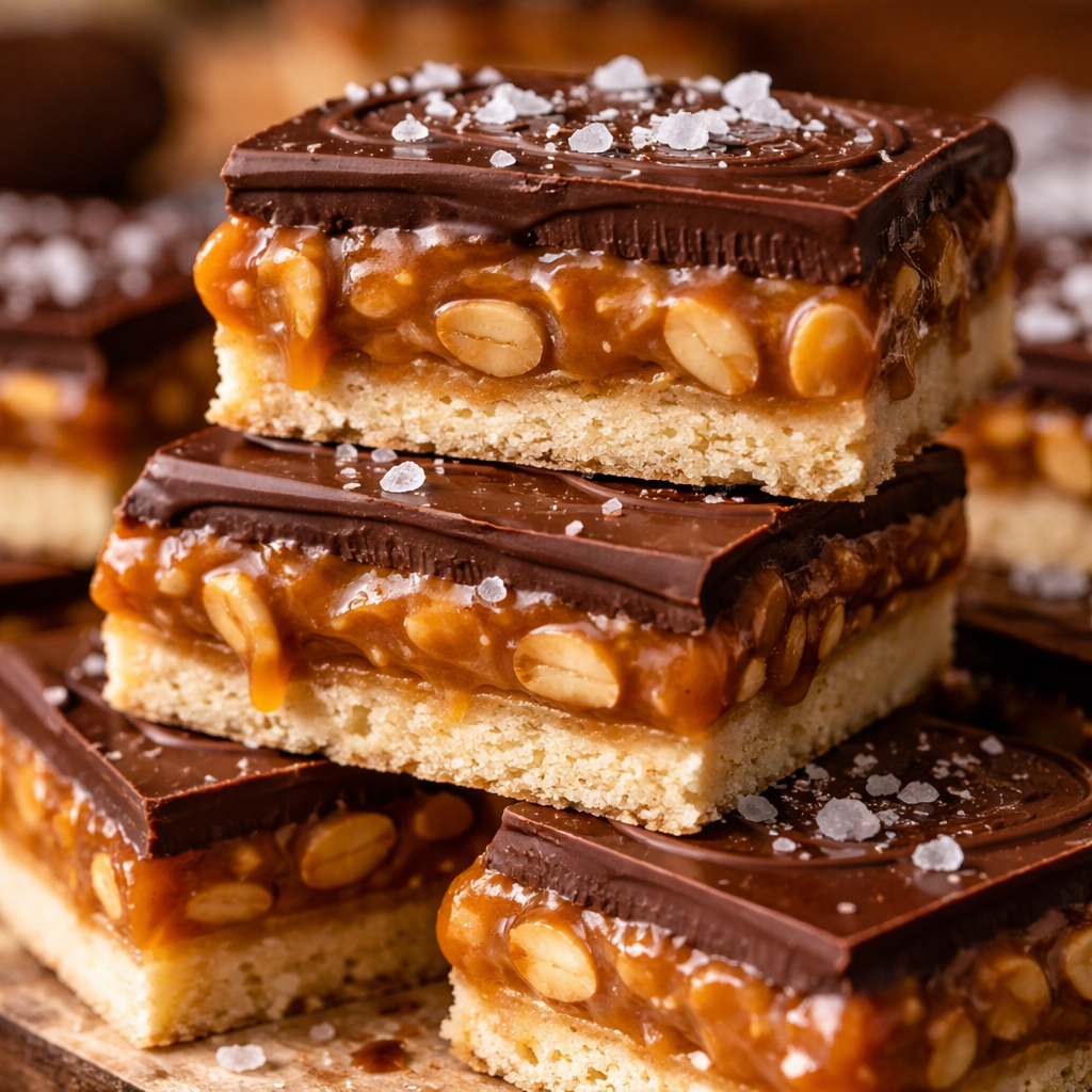 Barres au caramel, chocolat et beurre de cacahuète