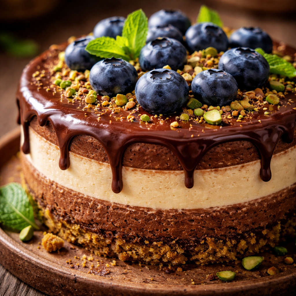 Cheesecake au chocolat, tahini et pistache