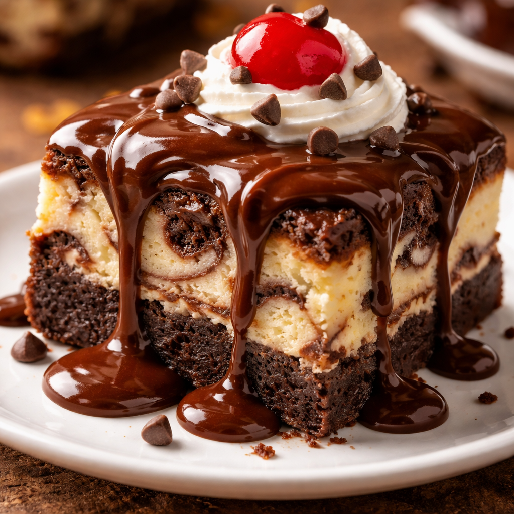 Cheesecake Brownie marbré avec sauce chaude au fudge