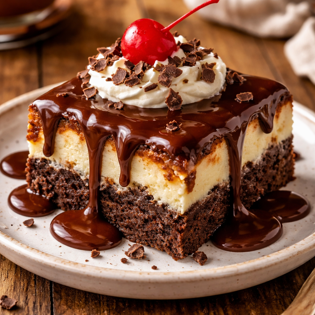 Cheesecake Brownie marbré avec sauce chaude au fudge