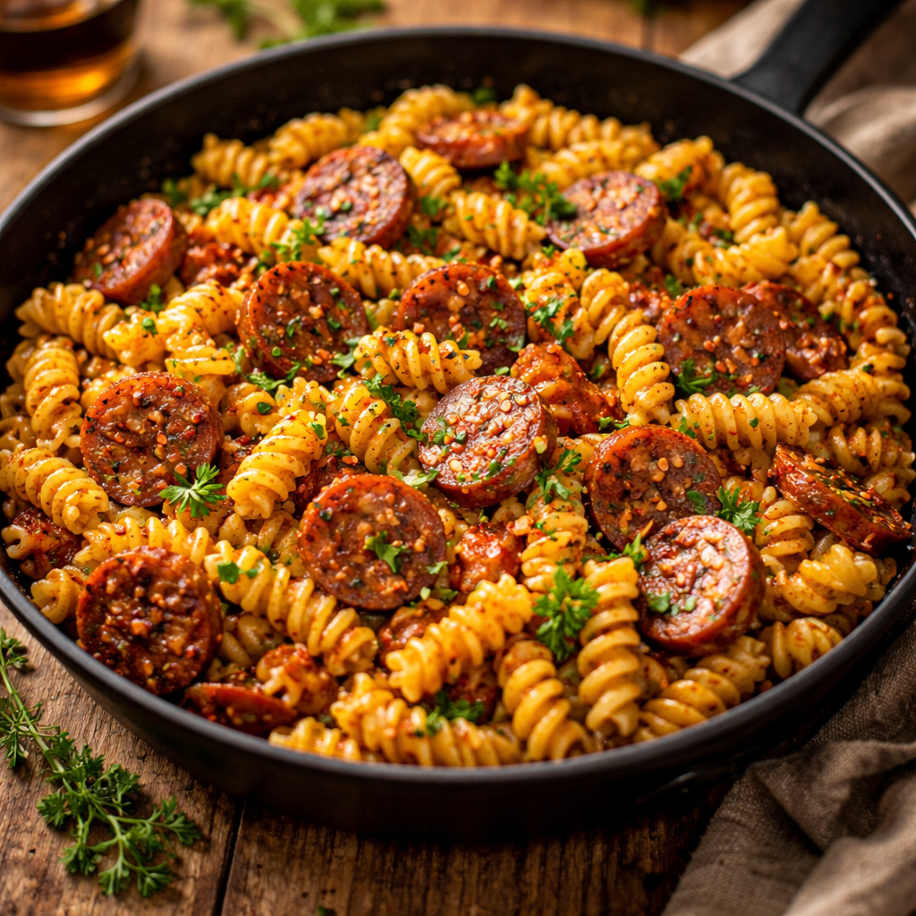 Pâtes saucisse BBQ épicées en une poêle