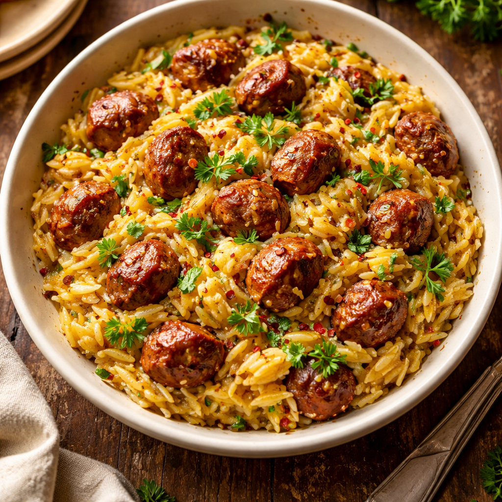 Orzo with Sausages and Garlic Butter