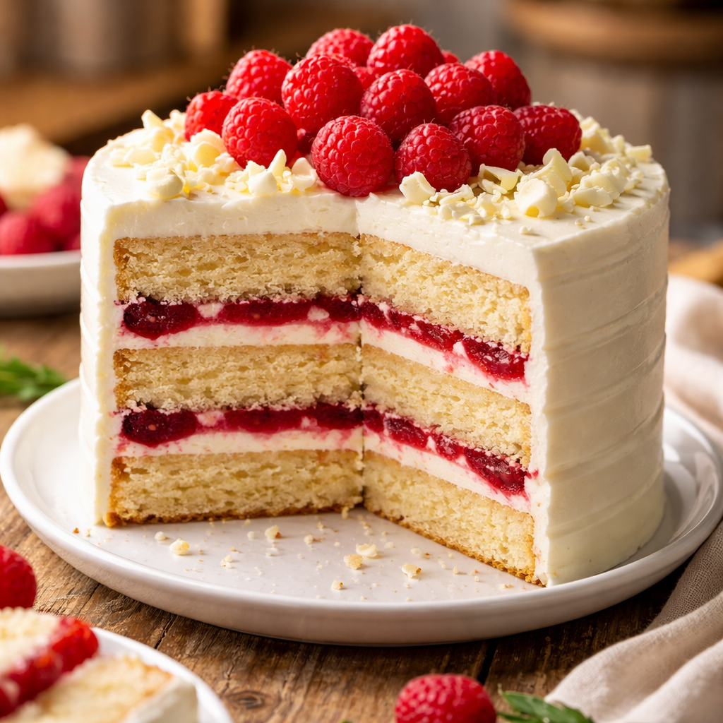 Gâteau au chocolat blanc et framboise