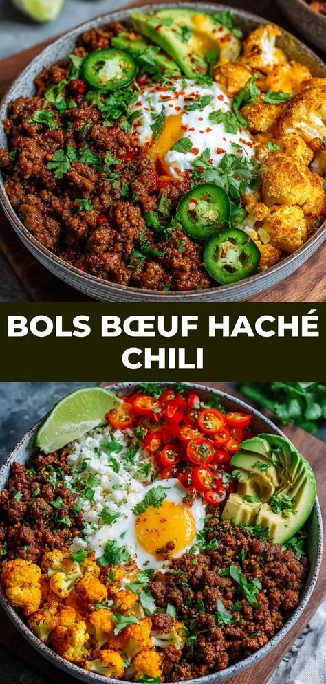 Bowls of ground beef with chili and protein cauliflower