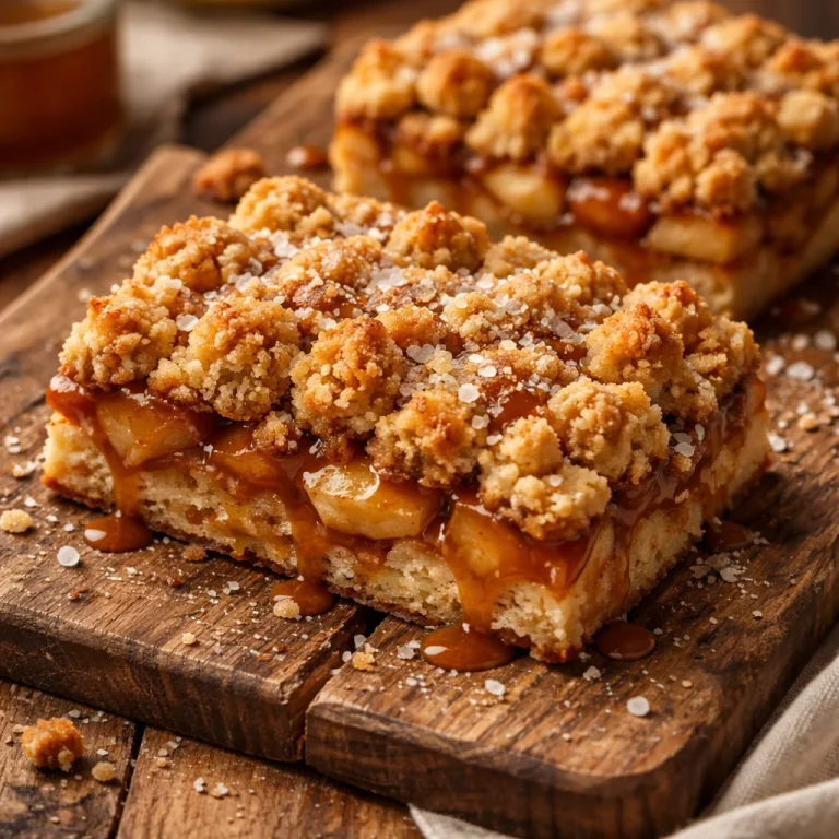 Barres crumble aux pommes et caramel salé, un dessert savoureux et croustillant.
