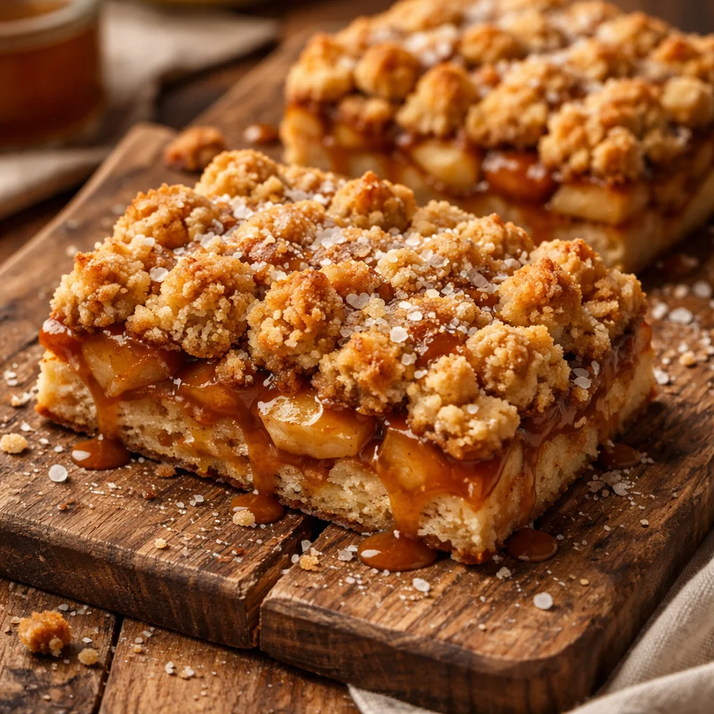 Barres crumble aux pommes et caramel salé, un dessert savoureux et croustillant.