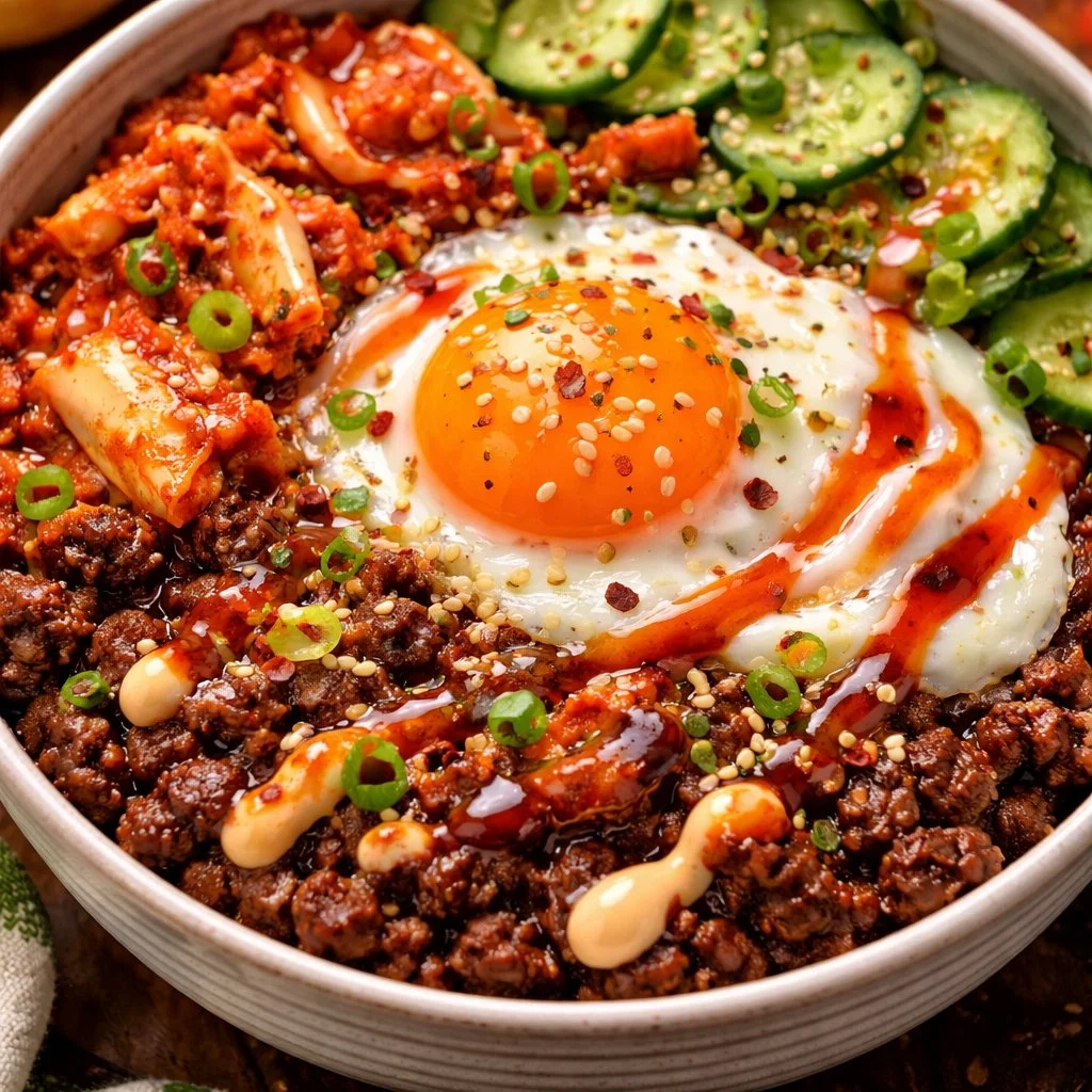 Bol de Bulgogi de bœuf haché avec légumes frais et sauce savoureuse