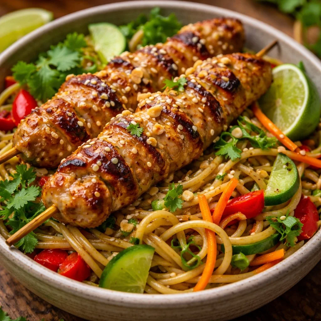 Bol de nouilles avec poulet satay garni de légumes frais