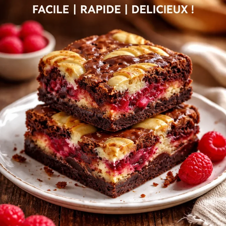 Brownies marbrés aux framboises garnis de chocolat et de framboises fraîches