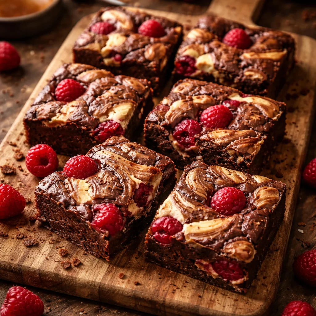 Brownies marbrés aux framboises, chocolat et fruits frais dans un dessert gourmand.