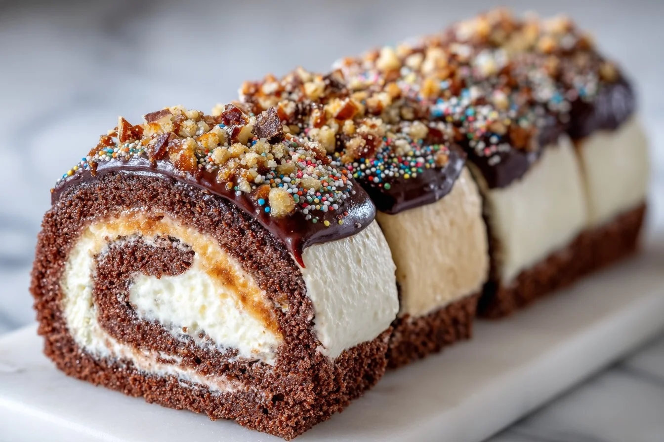 Bûche 3 chocolats délicieuse et festive au chocolat noir, lait et blanc