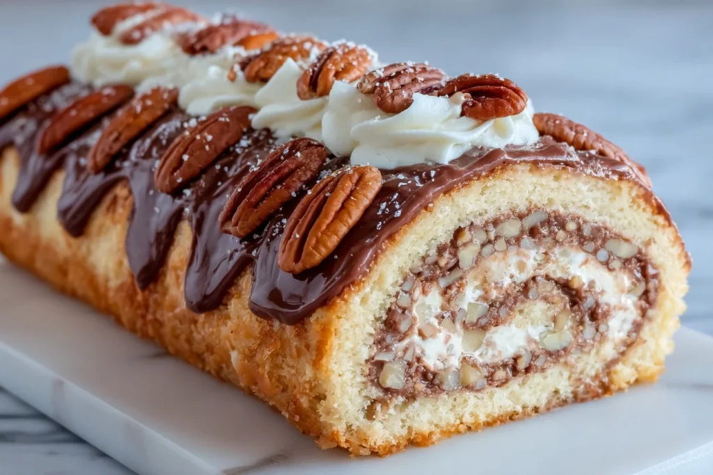 Bûche au chocolat et noix de pécan décorée pour les fêtes