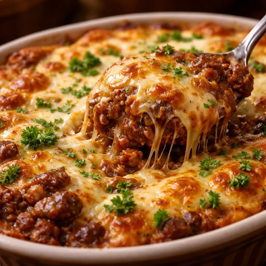 Casserole bœuf haché garnie de fromage fondant et d'ingrédients savoureux