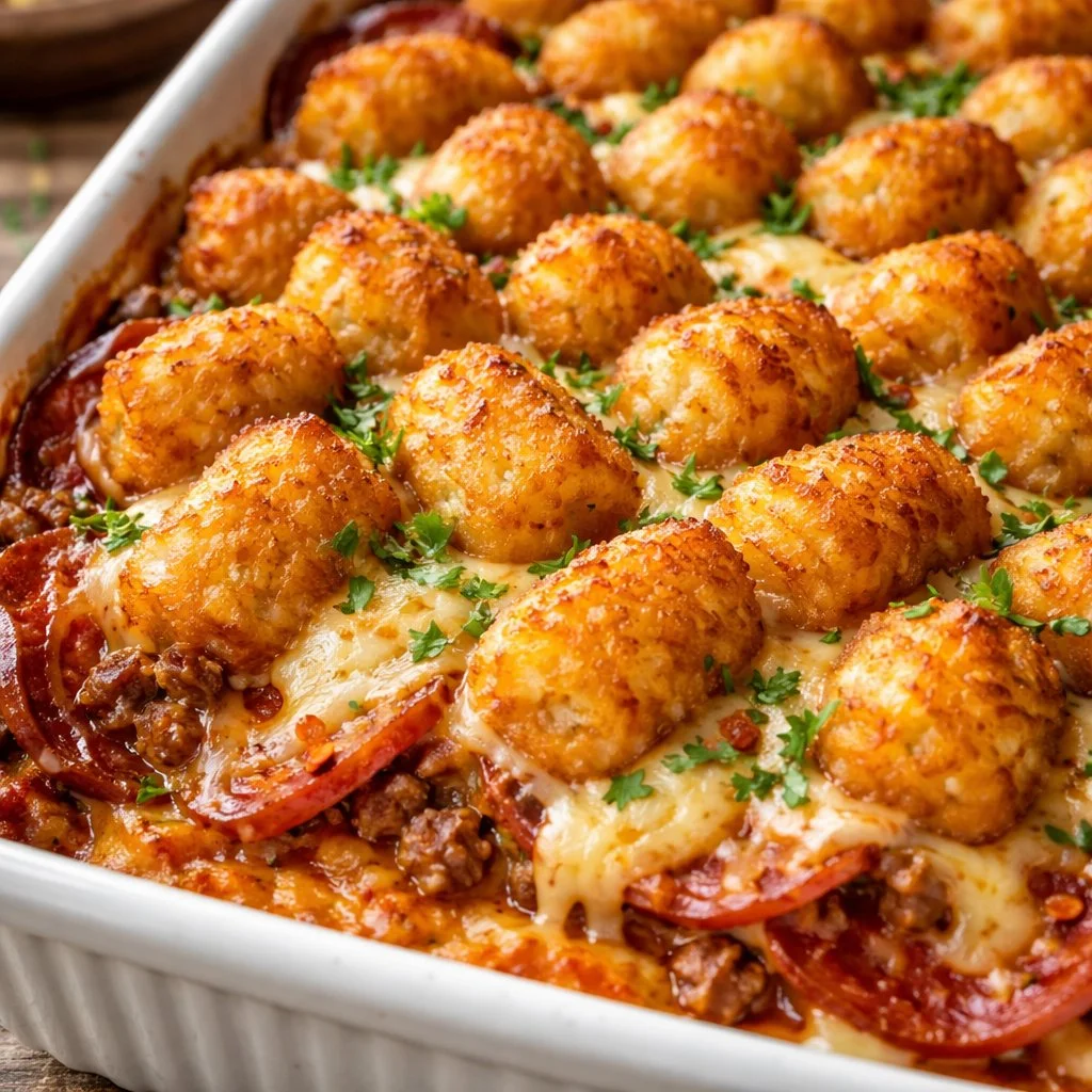 Casserole de pizza garnie de croquettes de pomme de terre délicieuses