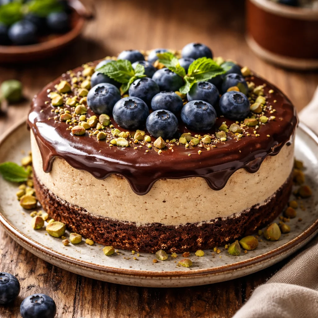 Cheesecake au chocolat, tahini et pistache, dessert crémeux et gourmand