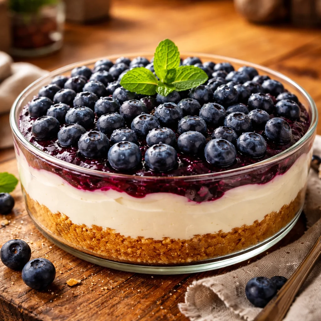 Cheesecake aux myrtilles sans cuisson, crémeux et festif à servir en dessert.