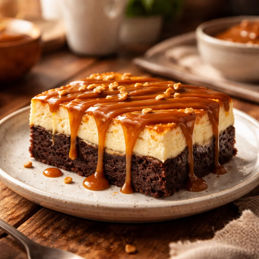 Cheesecake Brownie au Caramel avec une texture riche et décadente
