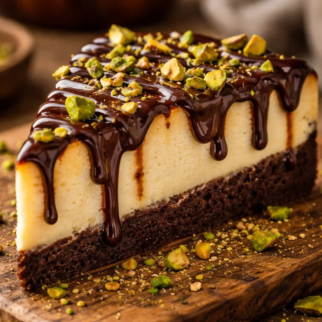 Cheesecake chocolat tahini pistache délicieux et crémeux servi sur une assiette.