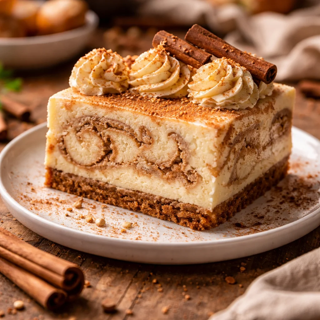 Cheesecake Roulé à la Cannelle décoré, un dessert crémeux et savoureux.