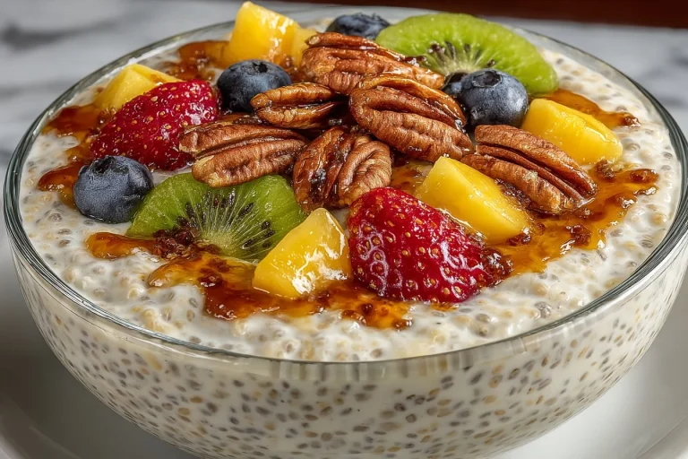 Délicieux pudding de chia avec fruits et noix en topping.