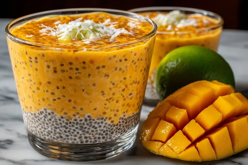 Pudding de chia aux mangues et lait de coco dans un bol en verre