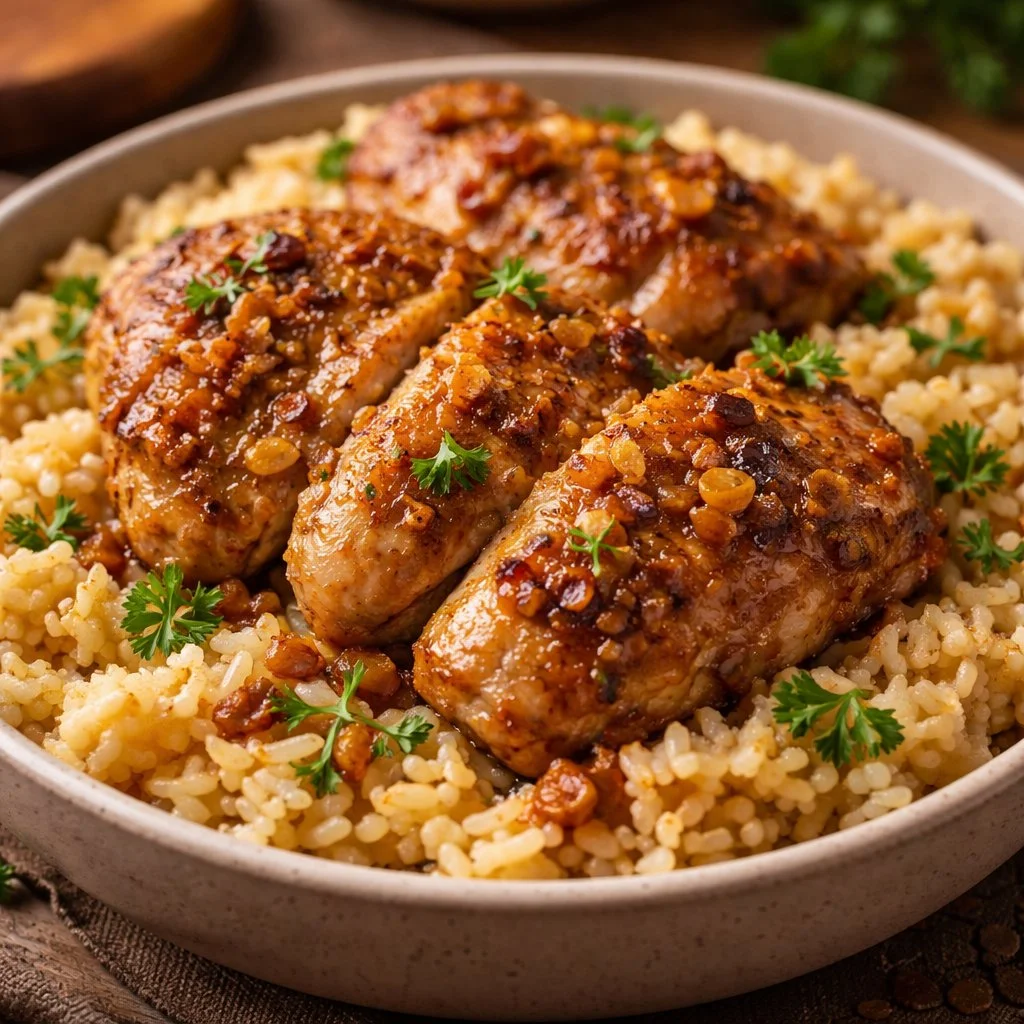 Poulet à l'ail avec du riz riche en protéines pour un repas sain