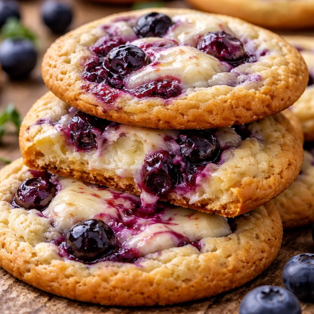 Cookies Cheesecake aux Myrtilles savoureux et crémeux, parfait pour les gourmands.