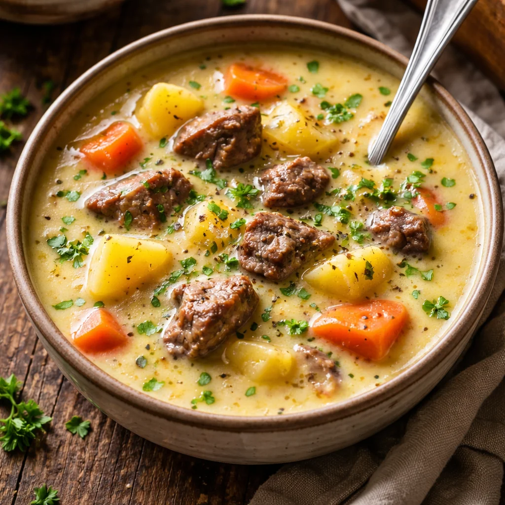 Soupe crémeuse avec steak et pommes de terre servie dans un bol