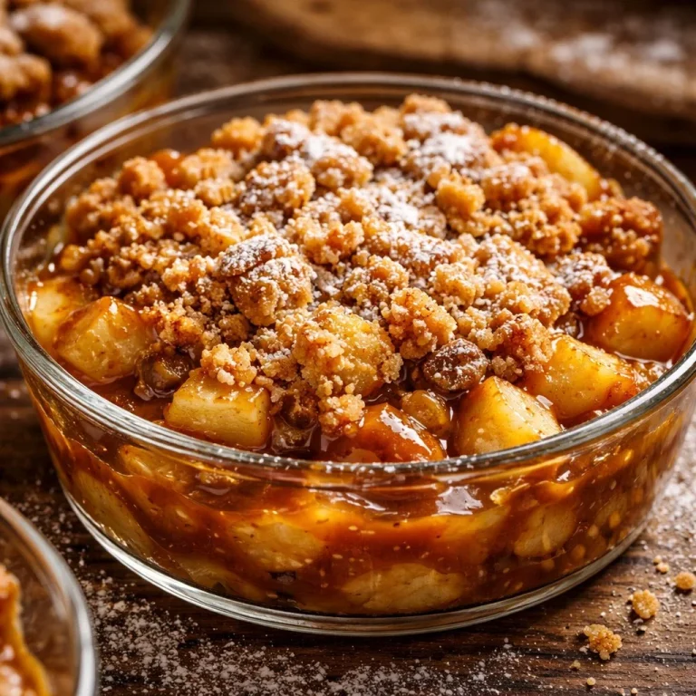 Crumble aux pommes avec caramel salé, un dessert savoureux et réconfortant.