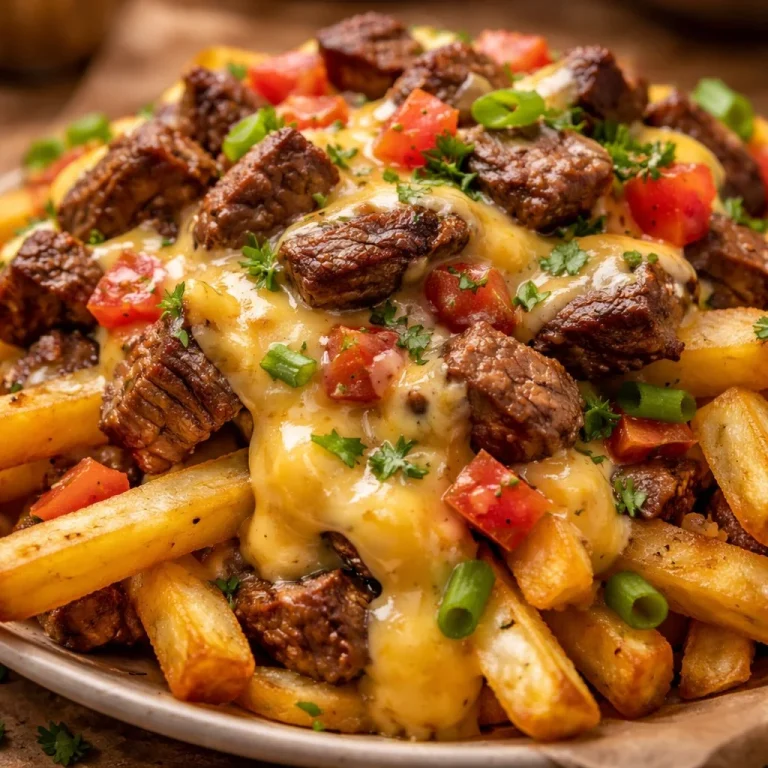 Frites au fromage avec steak juteux sur une assiette