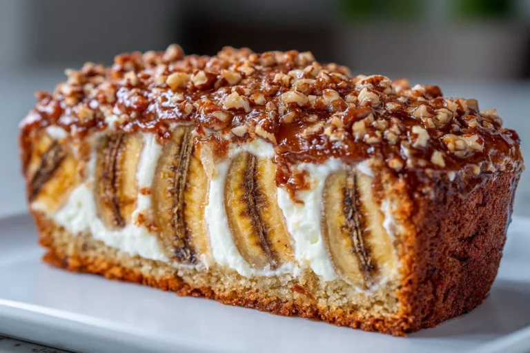 Un gâteau à la banane moelleux et délicieux sur une assiette décorée.