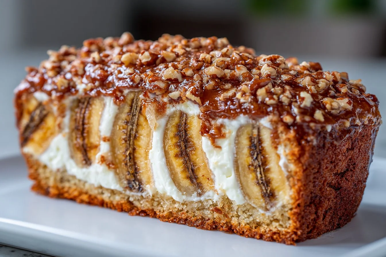 Un gâteau à la banane moelleux et délicieux sur une assiette décorée.