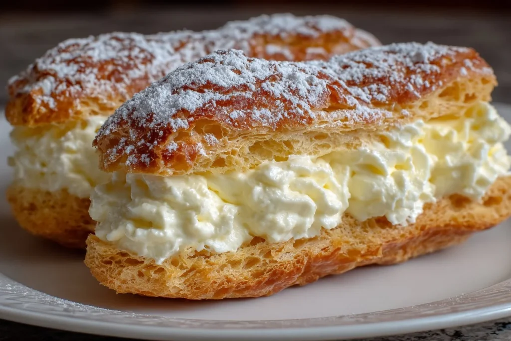 Gâteau éclair facile décoré avec du chocolat et de la crème pâtissière.