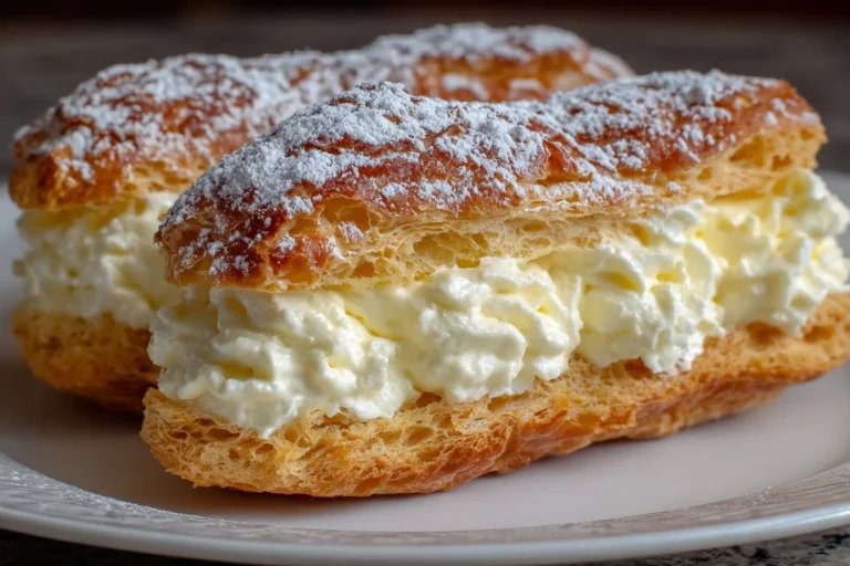 Gâteau éclair facile décoré avec du chocolat et de la crème pâtissière.