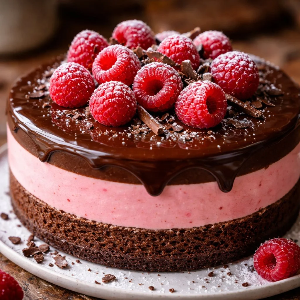 Gâteau mousse chocolat framboise décoré avec des framboises fraîches