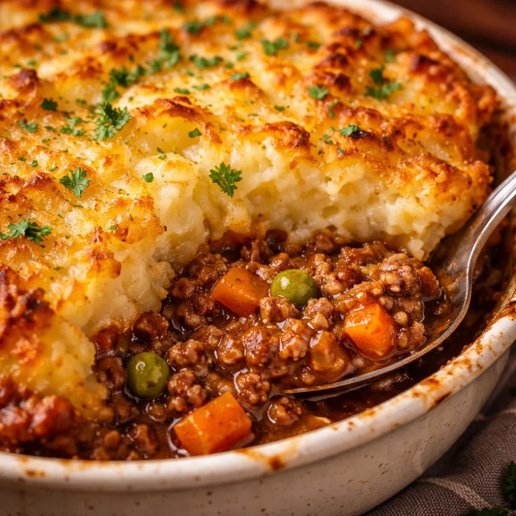 Hachis Parmentier, plat traditionnel français à base de viande et purée.