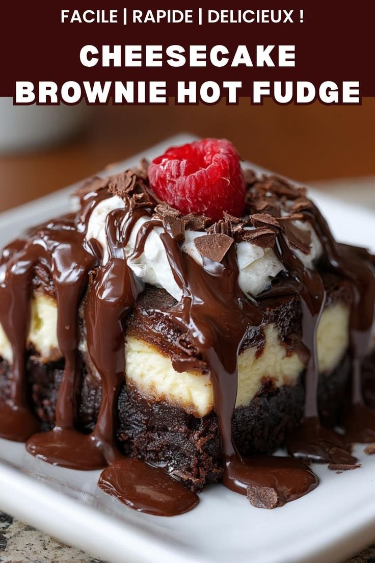 Brownie au fromage crémeux avec sauce fudge chaude