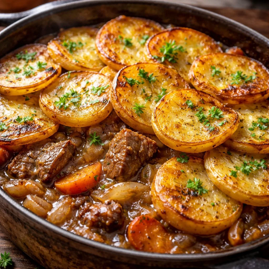 Bol de Lancashire Hotpot traditionnel avec viande et légumes délicieux