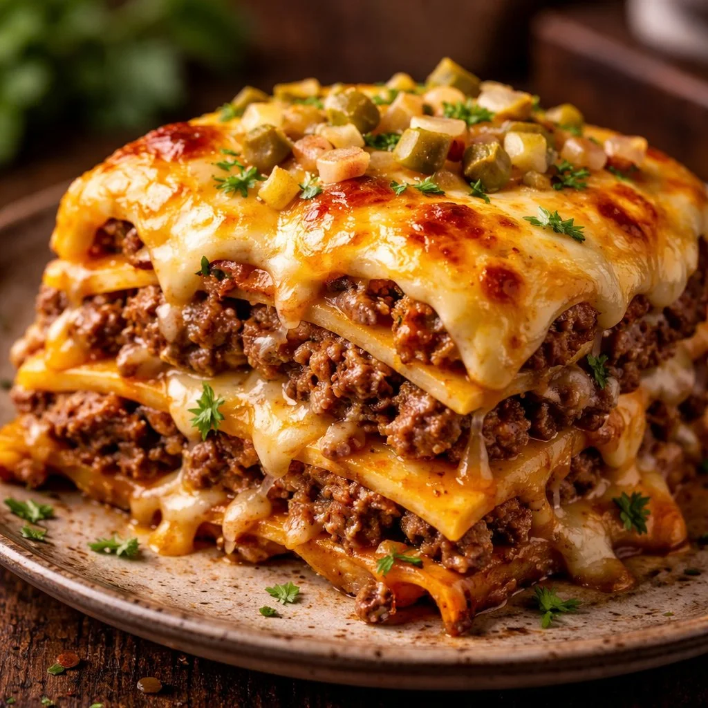 Delicious lasagne cheeseburger featuring layers of pasta, cheese, and beef