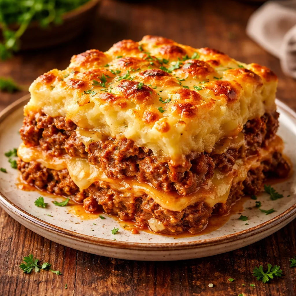 Lasagne cheeseburger savoureuse, une fusion de lasagne et cheeseburger en un plat délicieux.